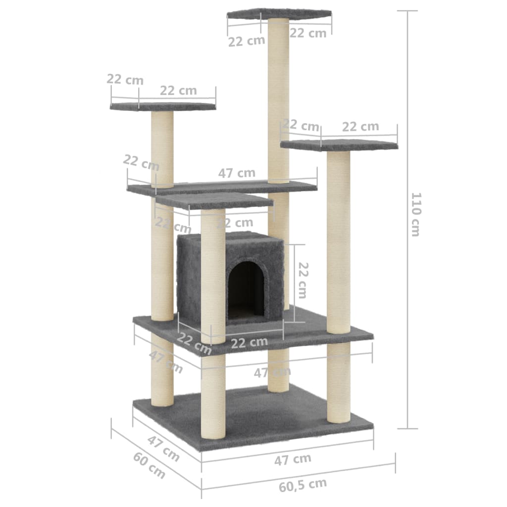 Albero per Gatti con Tiragraffi in Sisal Grigio Scuro 110 cm 171481