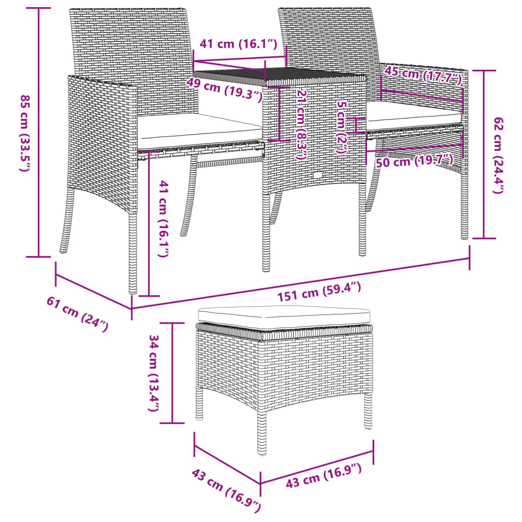 Divano Giardino 2 Posti con Tavolo e Sgabelli Grigio Polyrattan 317627