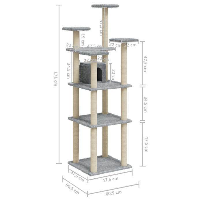 Albero per Gatti con Tiragraffi in Sisal Grigio Chiaro 171 cm 171486