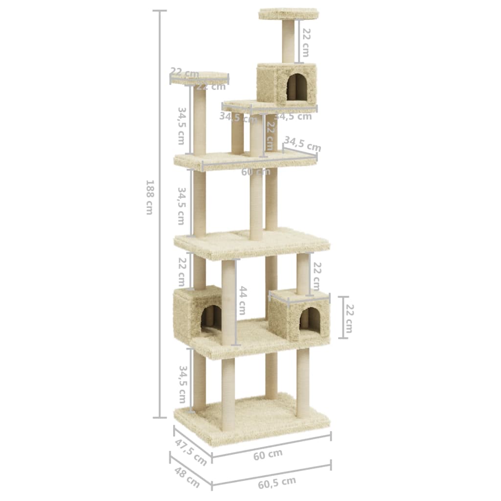 Albero per Gatti con Tiragraffi in Sisal Crema 188 cm 171488