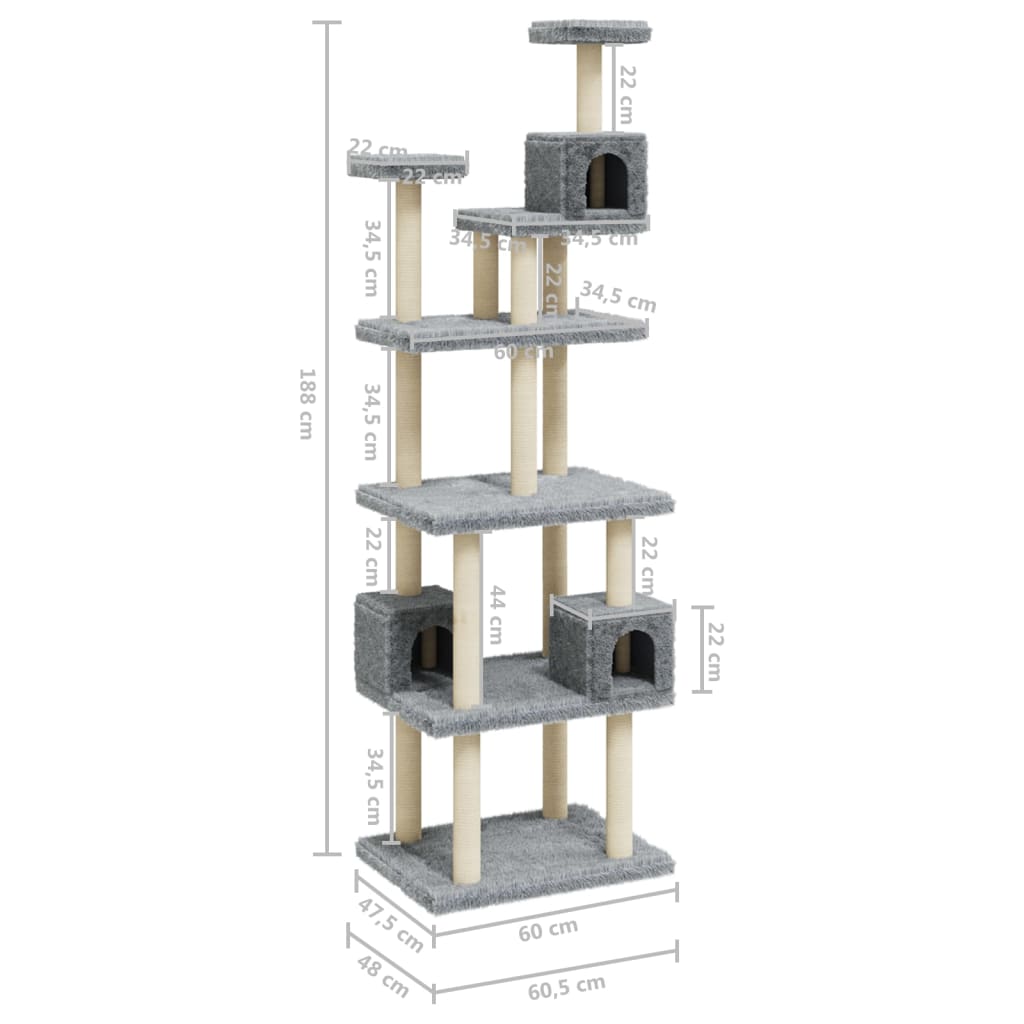 Albero per Gatti con Tiragraffi in Sisal Grigio Chiaro 188 cm 171489