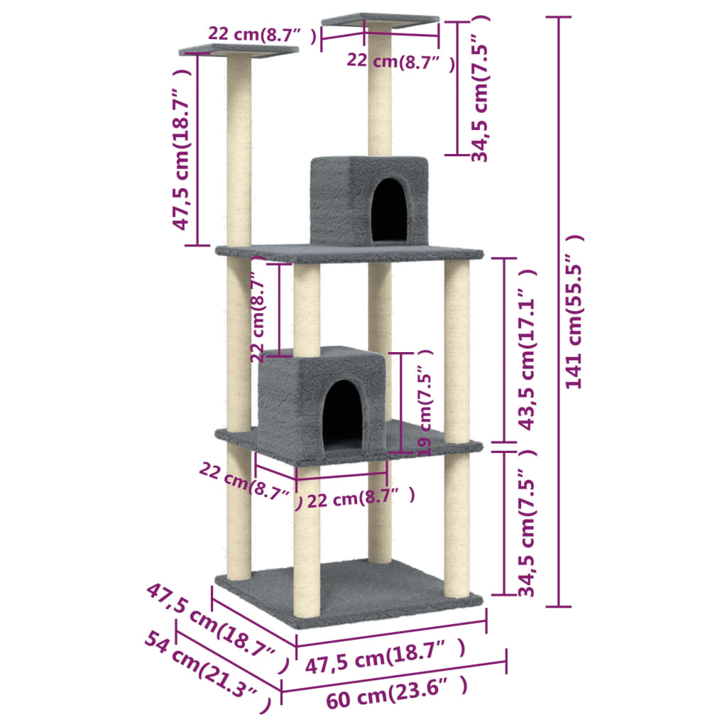 Albero per Gatti con Tiragraffi in Sisal Grigio Scuro 71 cm 171526