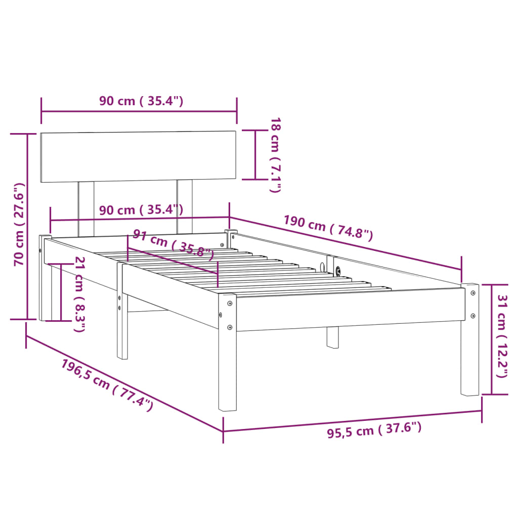 Giroletto Bianco in Legno Massello di Pino 90x190 cm UK Single 810113