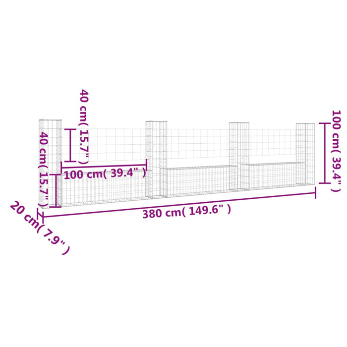 Cesto Gabbione a U con 4 Pali in Ferro 380x20x100 cm