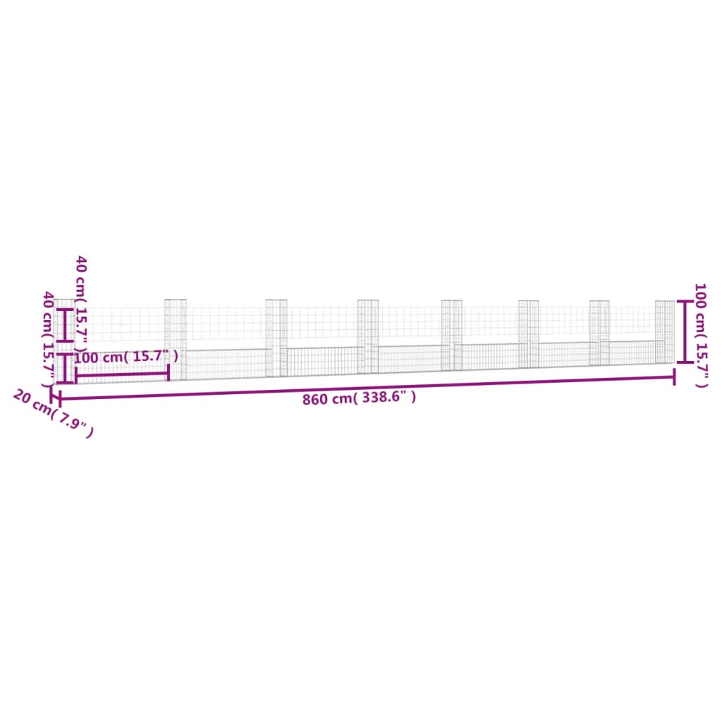 Cesto Gabbione a U con 8 Pali in Ferro 860x20x100 cm 151281