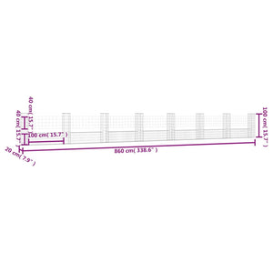 Cesto Gabbione a U con 8 Pali in Ferro 860x20x100 cm