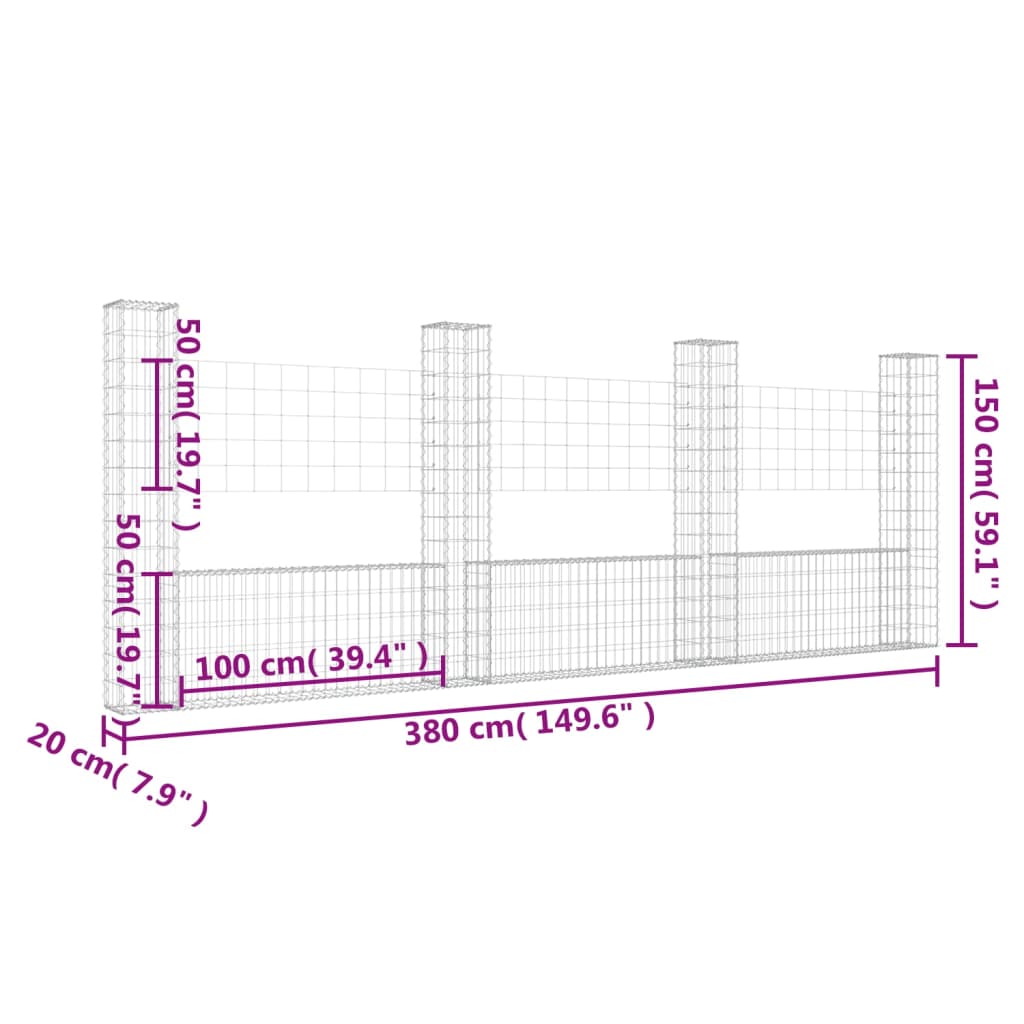 Cesto Gabbione a U con 4 Pali in Ferro 380x20x150 cm 151284