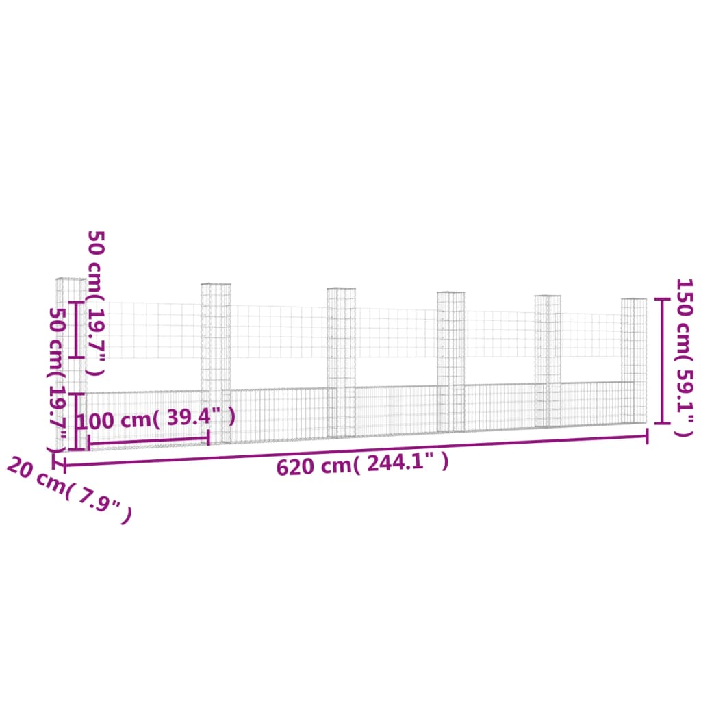 Cesto Gabbione a U con 6 Pali in Ferro 620x20x150 cm