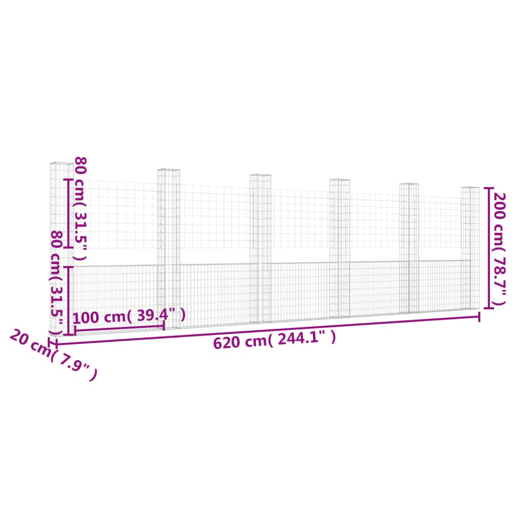 Gabbione a U con 6 Pali in Ferro 620x20x200 cm