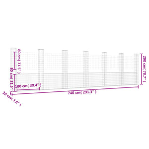 Gabbione a U con 7 Pali in Ferro 740x20x200 cm