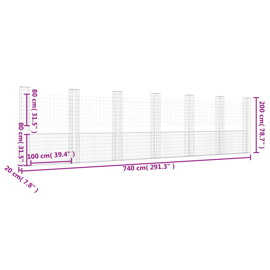 Gabbione a U con 7 Pali in Ferro 740x20x200 cm 151294