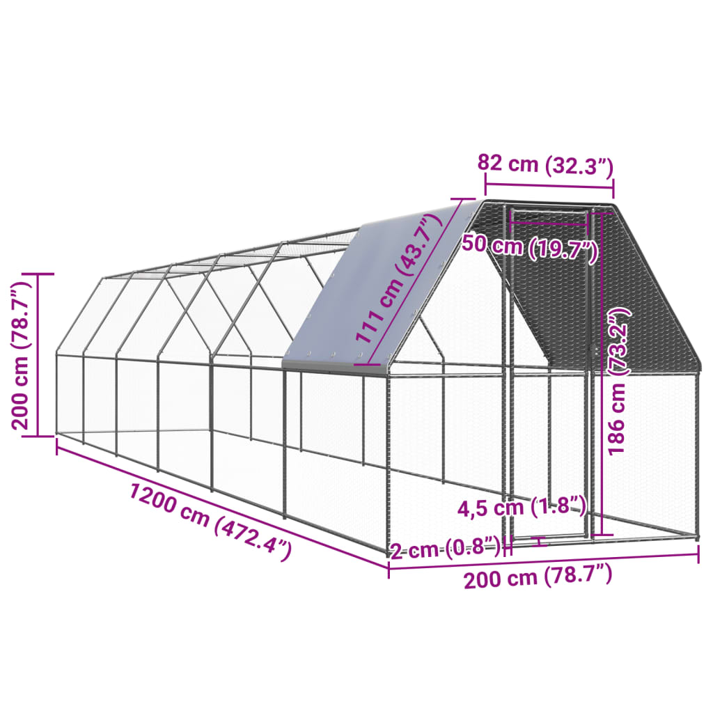 Gabbia per Polli da Esterno 2x12x2 m in Acciaio Zincato 3089323