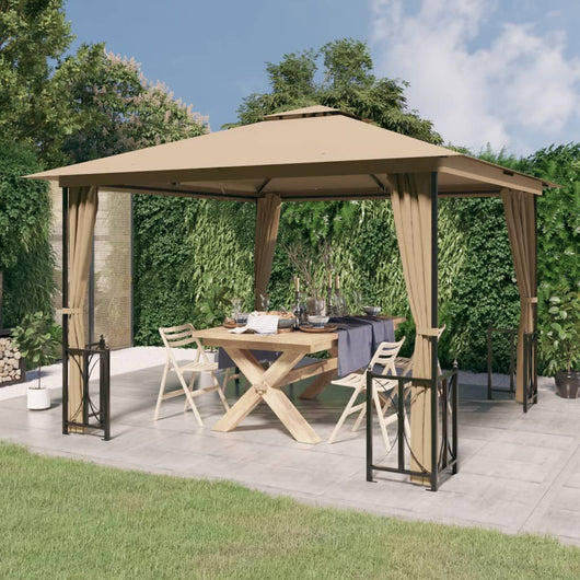 Gazebo con Teli Laterali e Doppio Tetto 3x3 m Tortora 318542