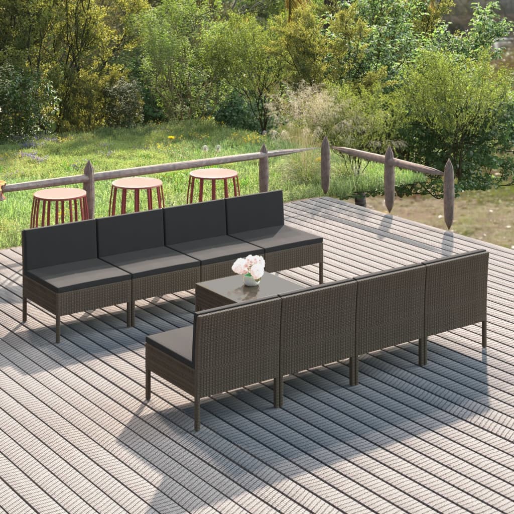 Set Divani da Giardino 9 pz con Cuscini in Polyrattan Grigio 3094334