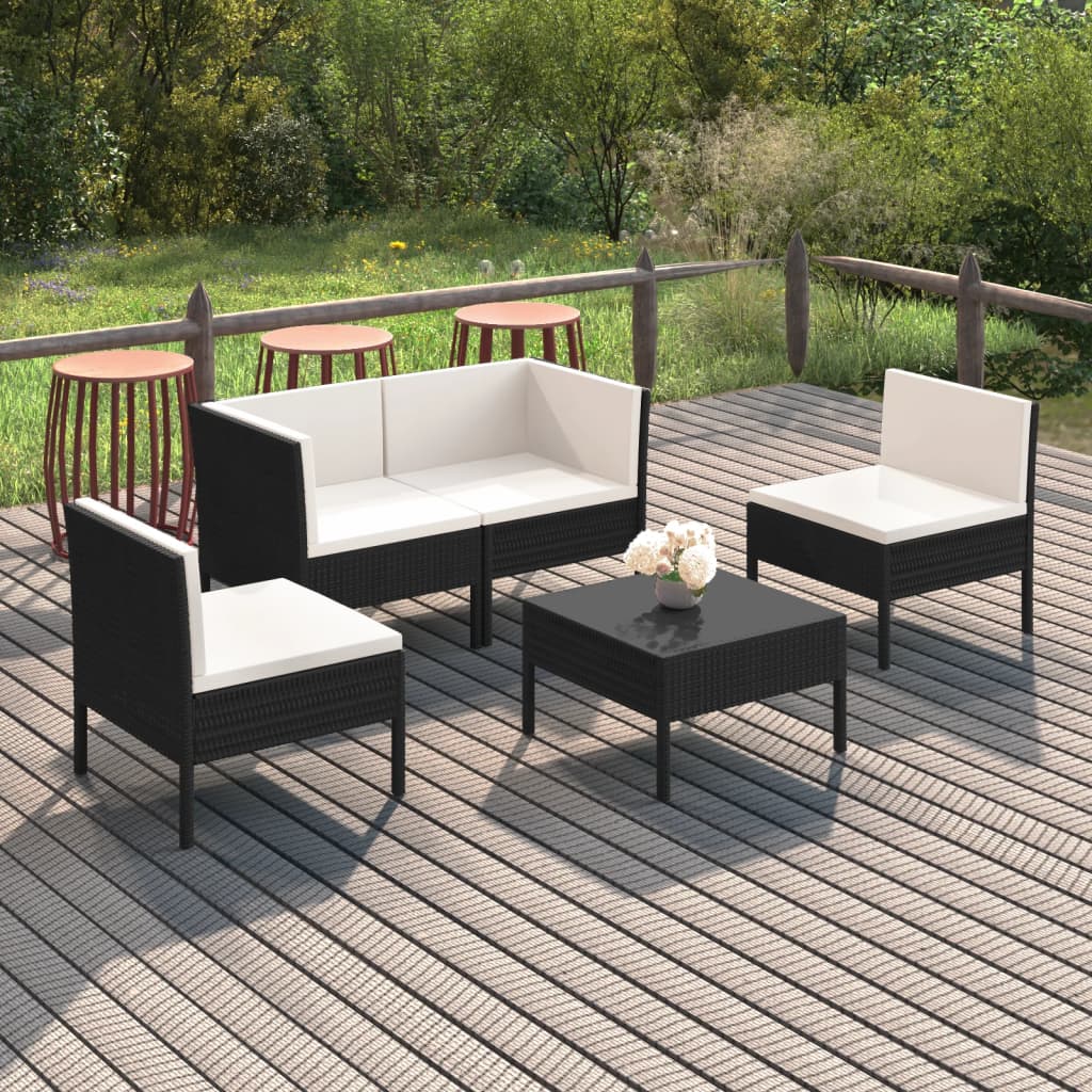 Set Divani da Giardino 5 pz con Cuscini in Polyrattan Nero 3094340