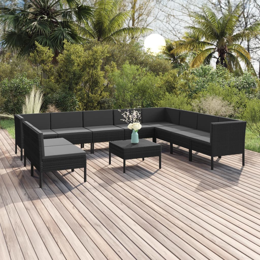 Set Divani da Giardino 11 pz con Cuscini in Polyrattan Nero 3094473