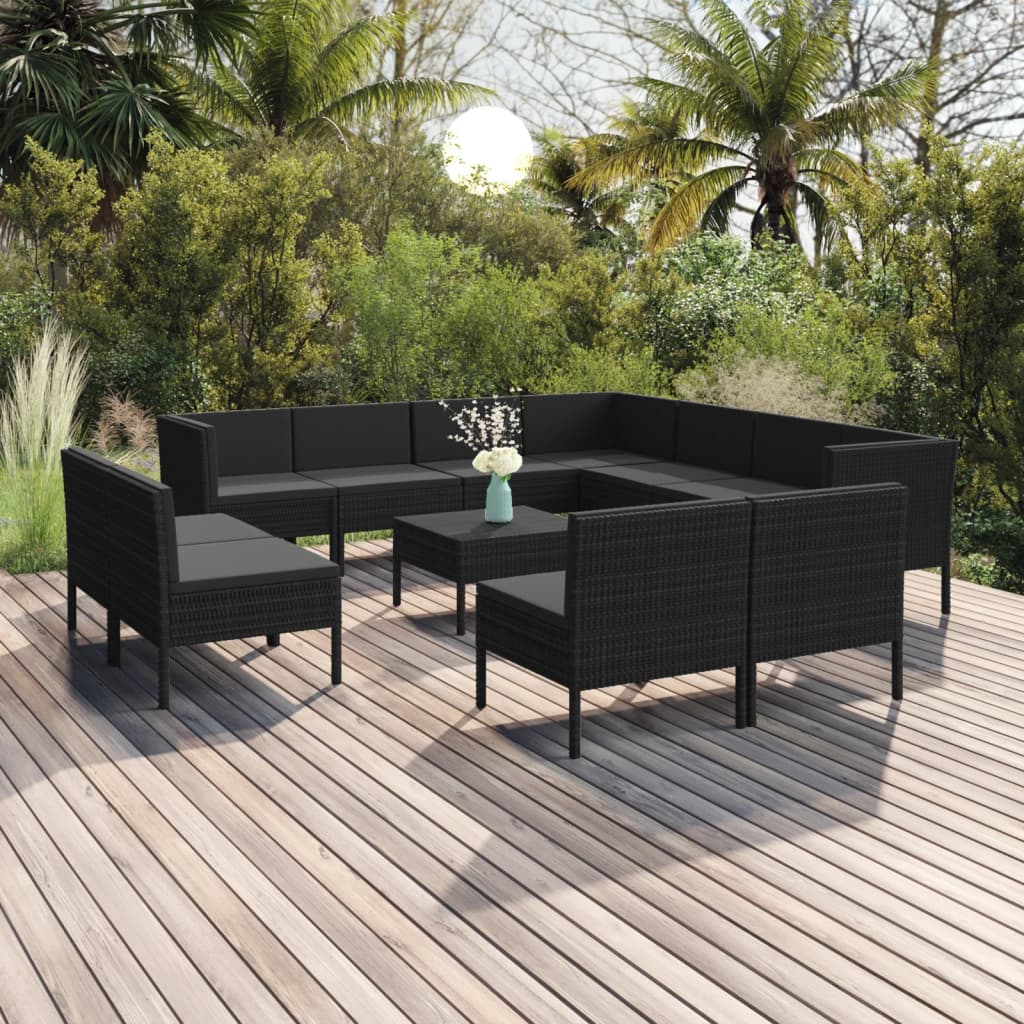 Set Divani da Giardino 12 pz con Cuscini in Polyrattan Nero 3094481