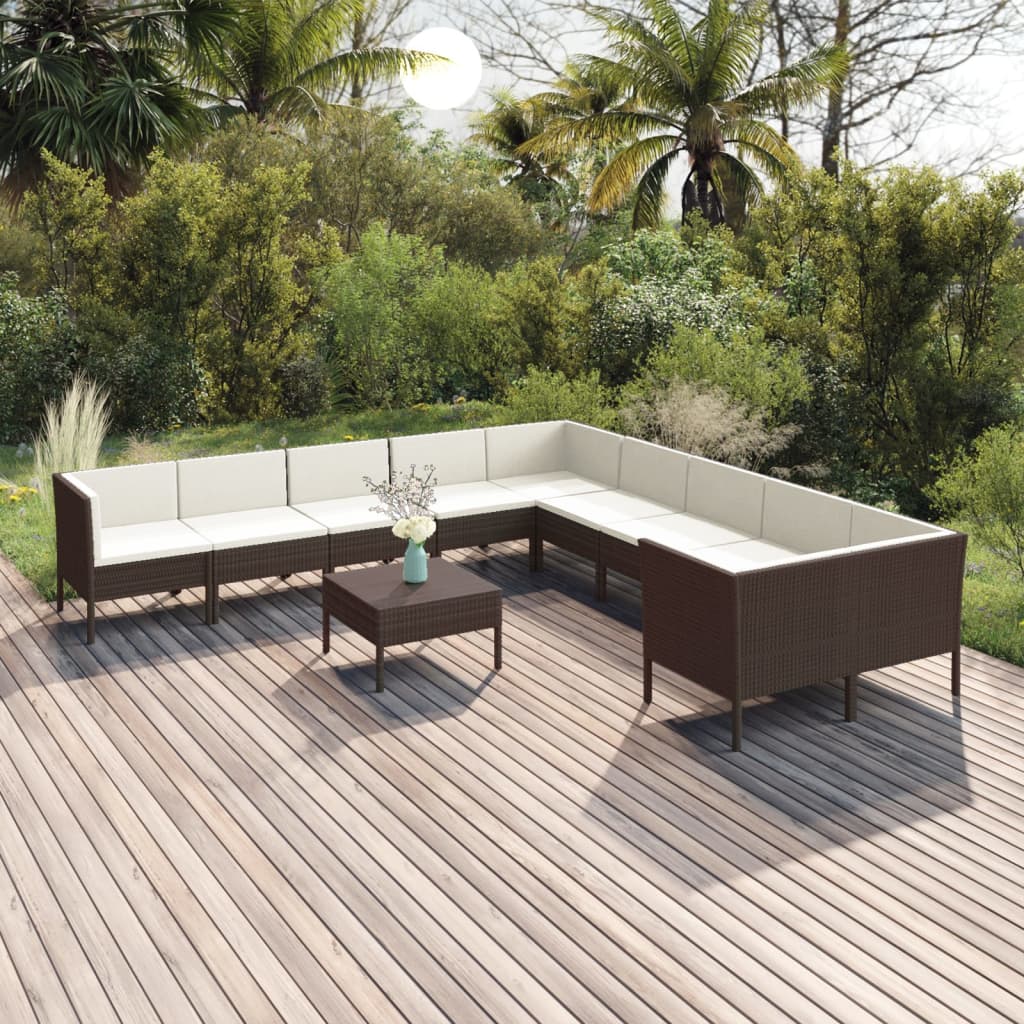 Set Divani da Giardino 11 pz con Cuscini in Polyrattan Marrone 3094495