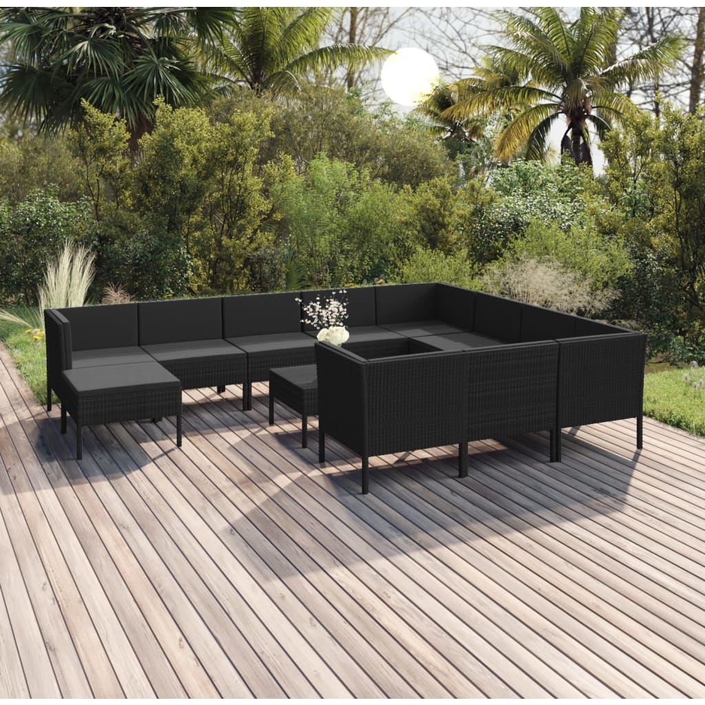 Set Divani da Giardino 12 pz con Cuscini in Polyrattan Nero 3094513