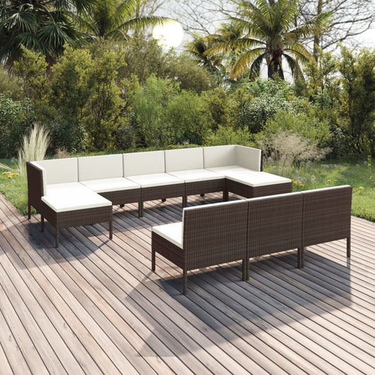 Set Divani da Giardino 10 pz con Cuscini in Polyrattan Marrone 3094567