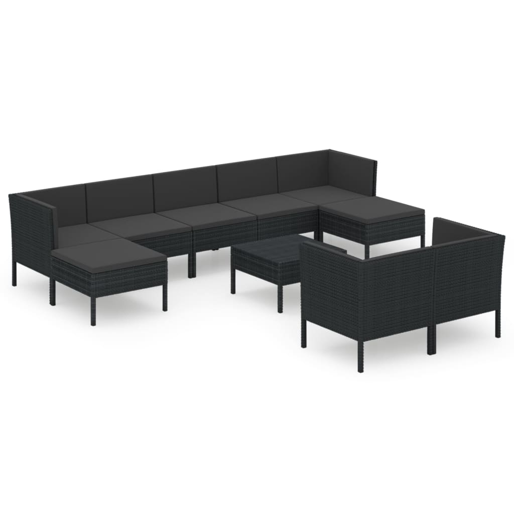 Set Divani da Giardino 10 pz con Cuscini in Polyrattan Nero 3094577