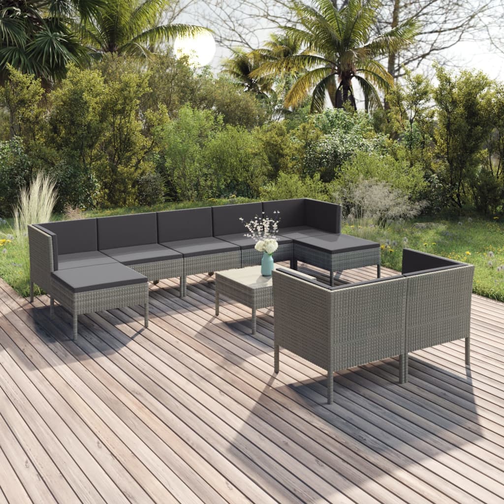 Set Divani da Giardino 10 pz con Cuscini in Polyrattan Grigio 3094578