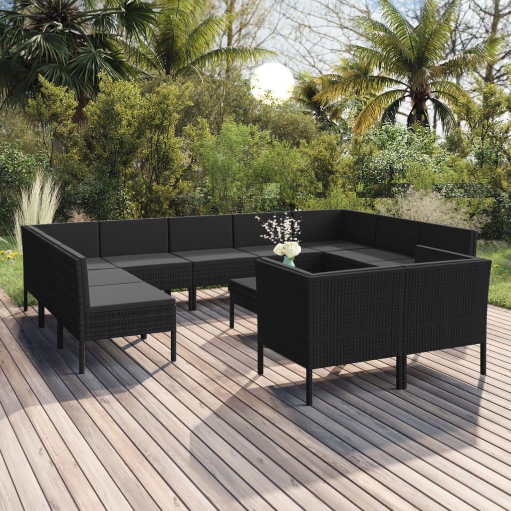 Set Divani da Giardino 12 pz con Cuscini in Polyrattan Nero 3094621