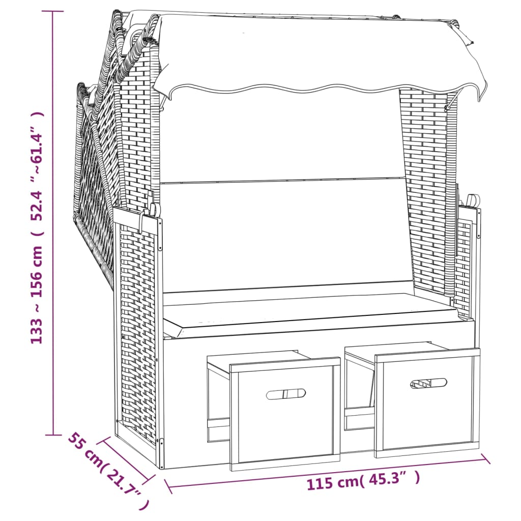 Strandkorb con Tettoia in Polyrattan e Legno Massello Grigio 318650