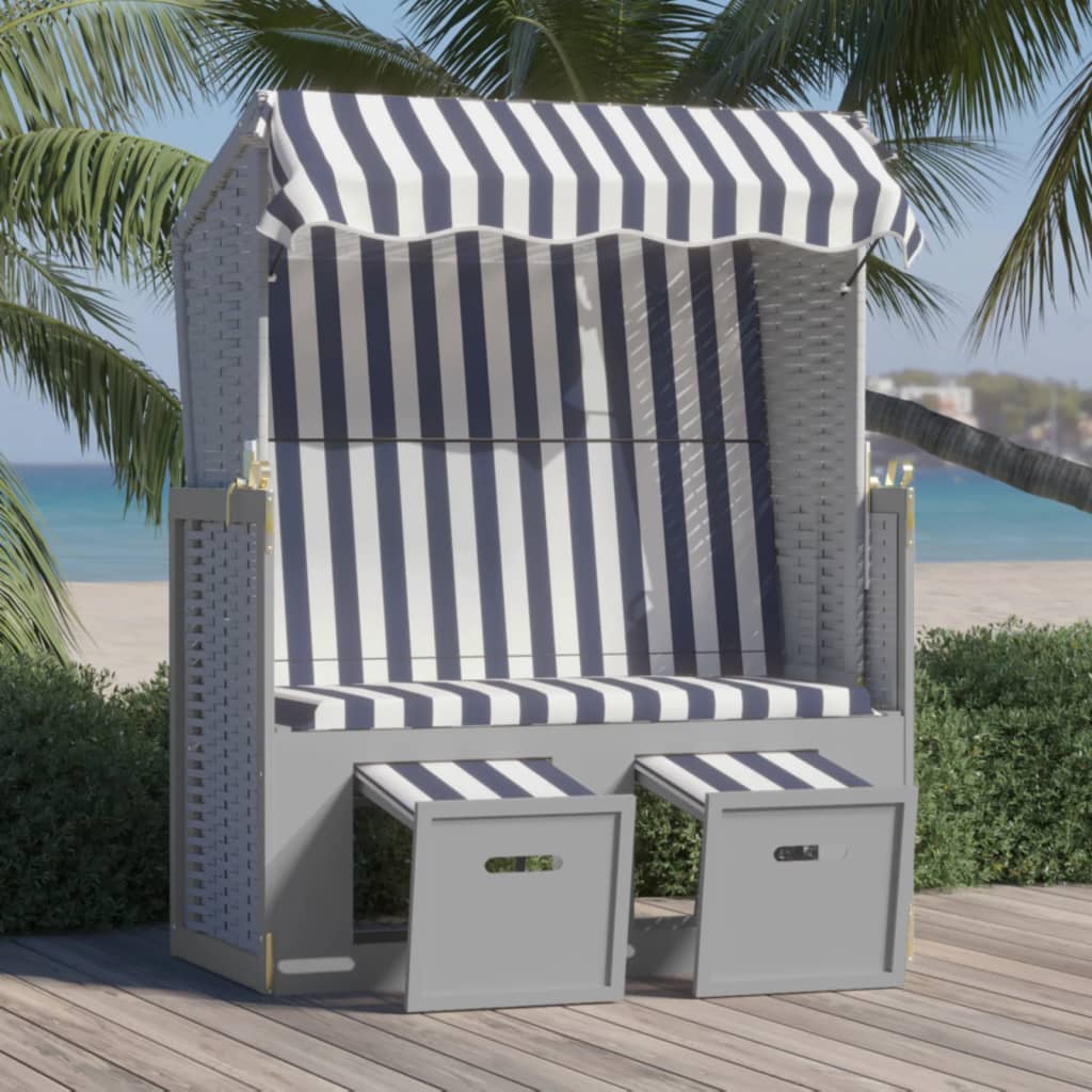 Strandkorb con Tettoia Polyrattan e Legno Massello Blu e Bianco