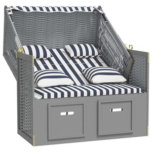 Strandkorb con Cuscini Polyrattan e Legno Massello Blu e Bianco