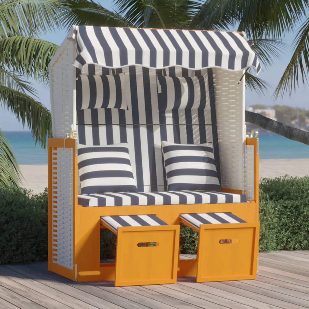 Strandkorb con Cuscini Polyrattan e Legno Massello Bianco e Blu 318664