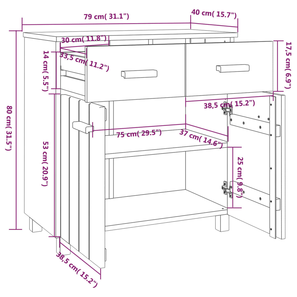 Credenza HAMAR Grigio Chiaro 79x40x80 cm Legno Massello di Pino 340439