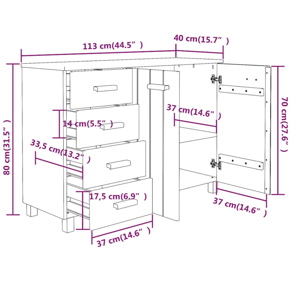 Credenza HAMAR Grigio Scuro 113x40x80 cm Legno Massello di Pino 340446