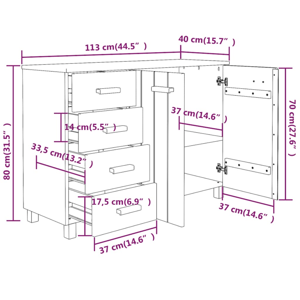 Credenza HAMAR Grigio Chiaro 113x40x80cm Legno Massello di Pino 340447