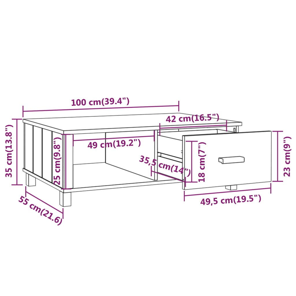 Tavolino da Salotto Miele 100x55x35 cm Legno Massello di Pino