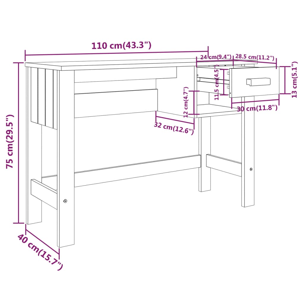 Scrivania Grigio Scuro 110x40x75 cm in Legno Massello di Pino cod mxl 77678