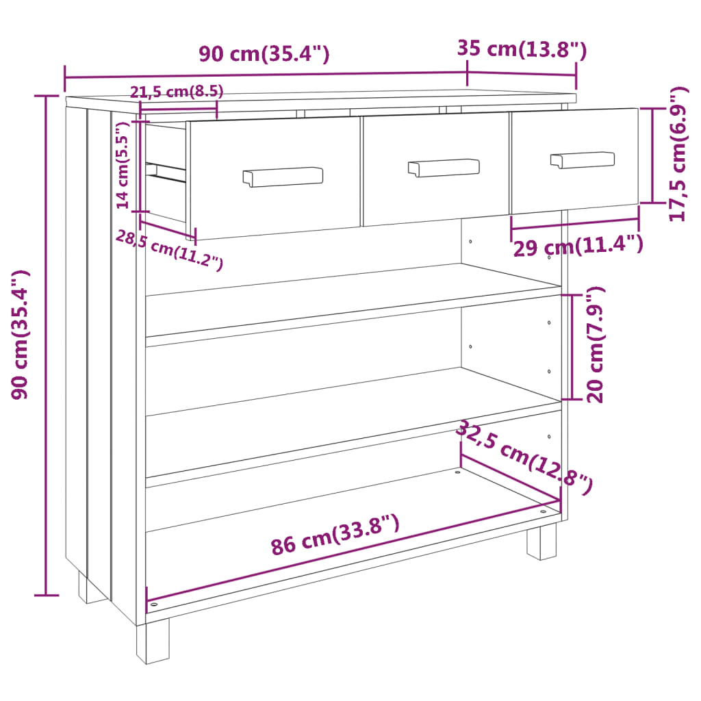 Tavolo Consolle Miele 90x35x90 cm Legno Massello di Pino cod mxl 15937