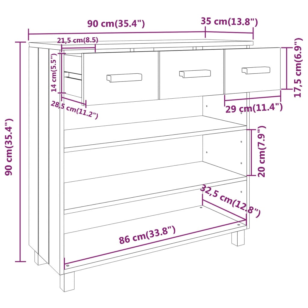 Tavolo Consolle Bianco 90x35x90 cm Legno Massello di Pino 340465