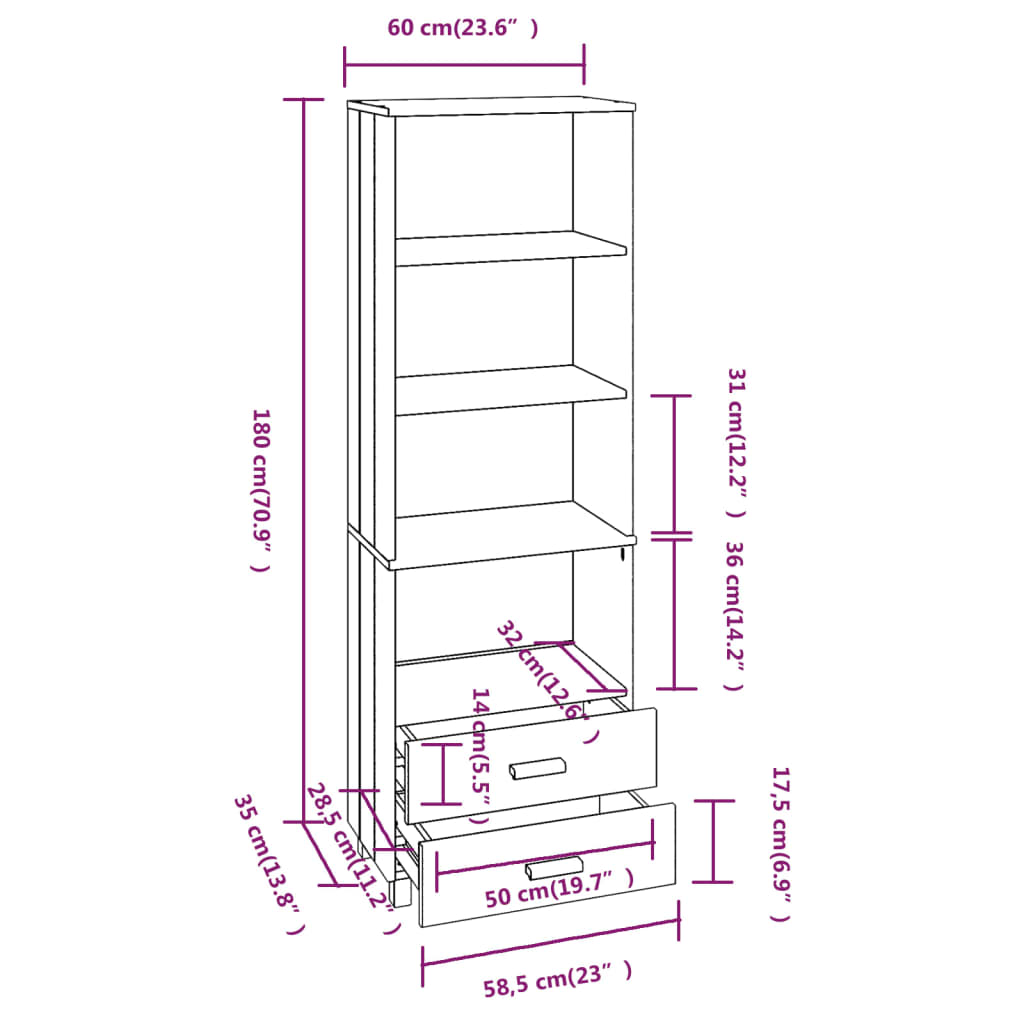 Credenza HAMAR Bianca 60x35x180 cm in Legno Massello di Pino 340489