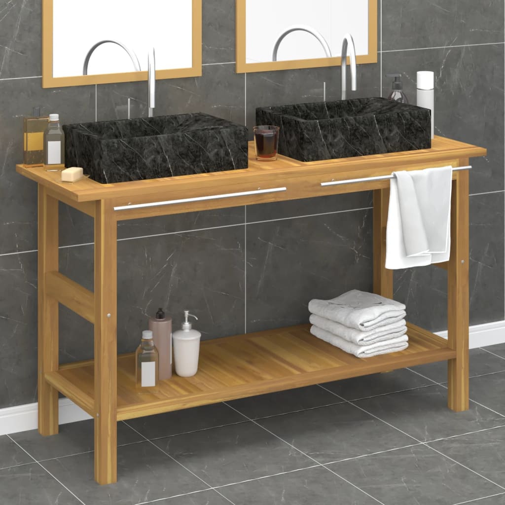 Mobile Vanità Bagno e Lavandini Marmo Nero Legno Massello Teakcod mxl 101460