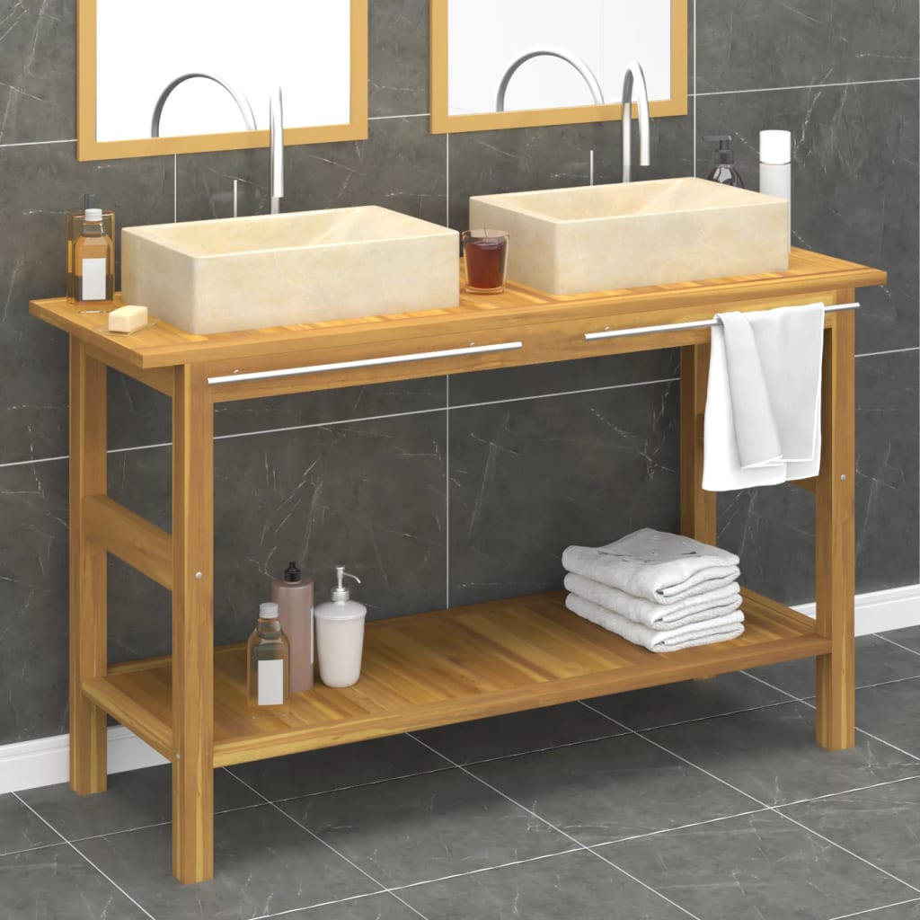 Mobile Vanità Bagno e Lavandini Marmo Crema Legno Massello Teak cod mxl 64675