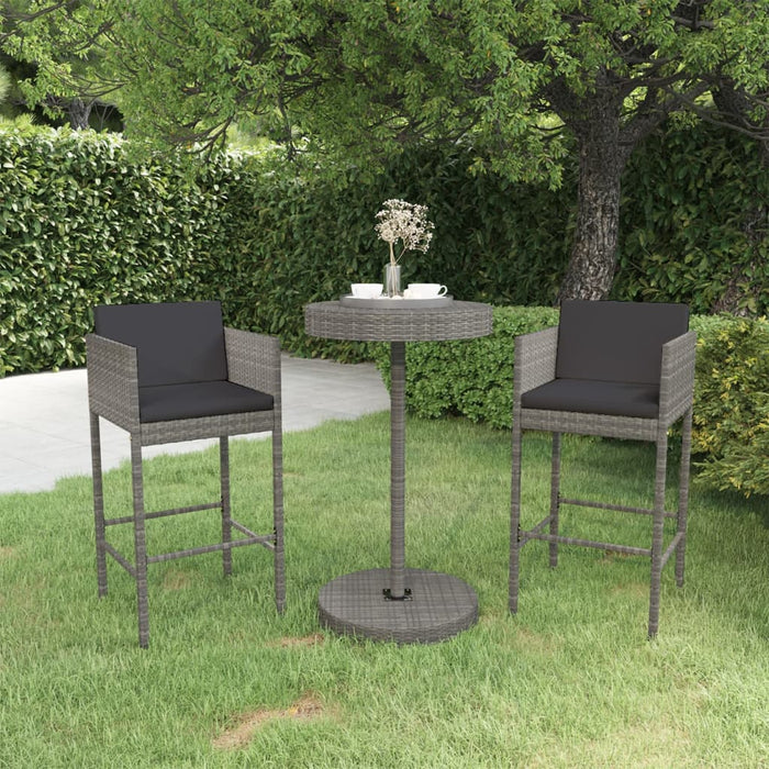 Set Bar da Giardino 3 pz con Cuscini in Polyrattan Grigio cod mxl 35228