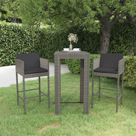 Set Bar da Giardino 3 pz con Cuscini in Polyrattan Grigio cod mxl 44261