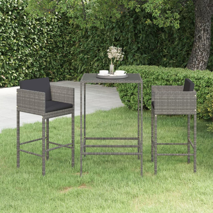 Set Bar da Giardino 3 pz con Cuscini in Polyrattan Grigio 3094788