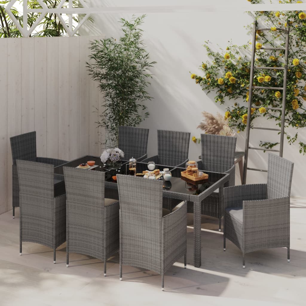 Set da Pranzo da Giardino 9 pz con Cuscini in Polyrattan Grigio cod mxl 39919