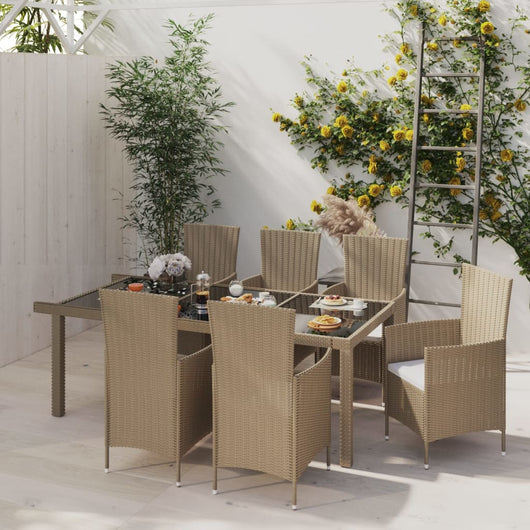 Set Mobili da Pranzo Giardino 7 pz con Cuscini Polyrattan Beige cod mxl 38561