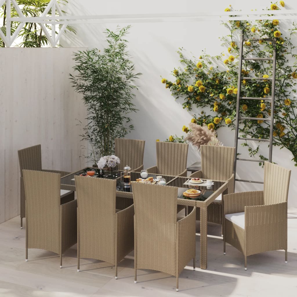 Set Mobili da Pranzo da Giardino 9pz e Cuscini Polyrattan Beige