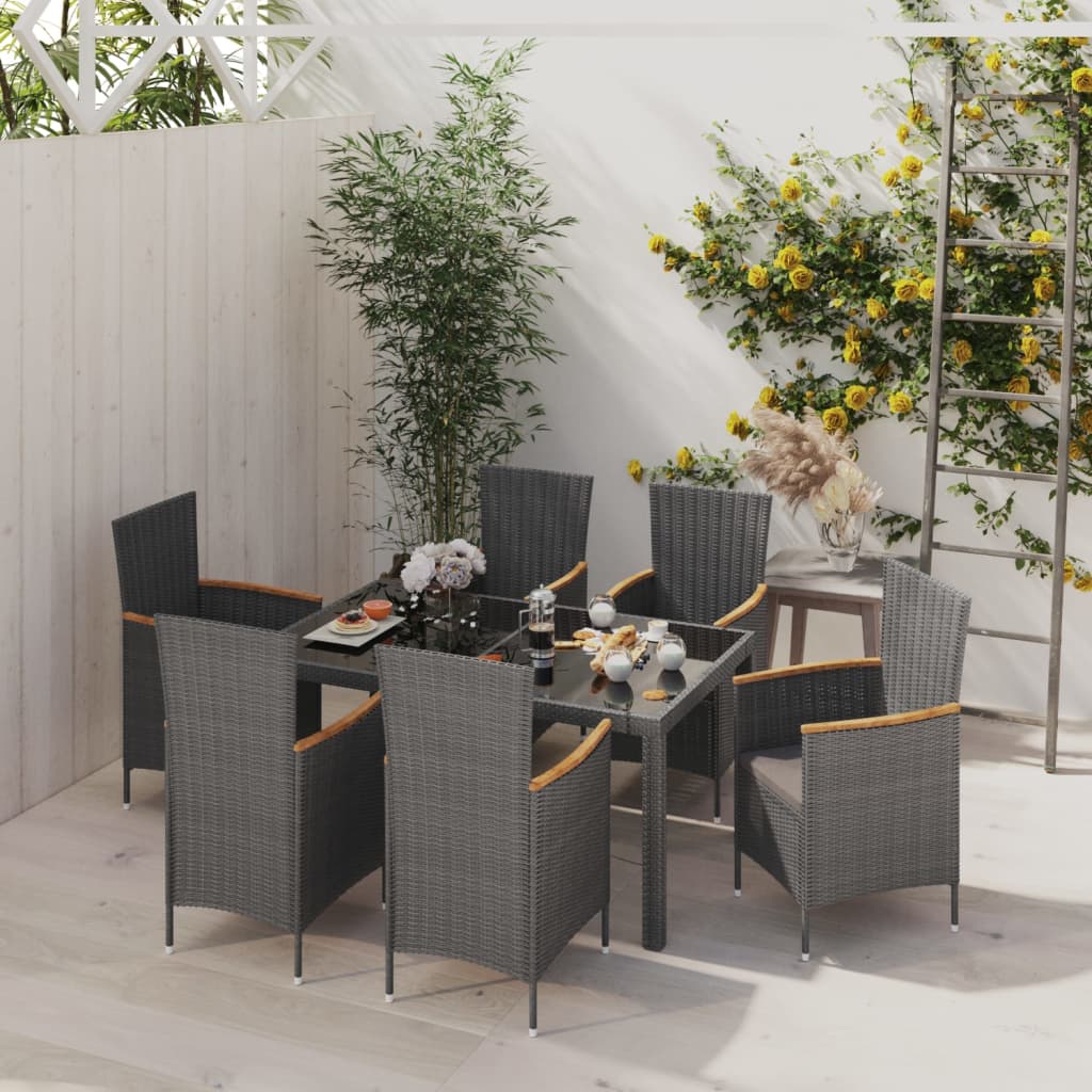 Set da Giardino 7 pz con Cuscini in Polyrattan Nero e Grigio cod mxl 71724