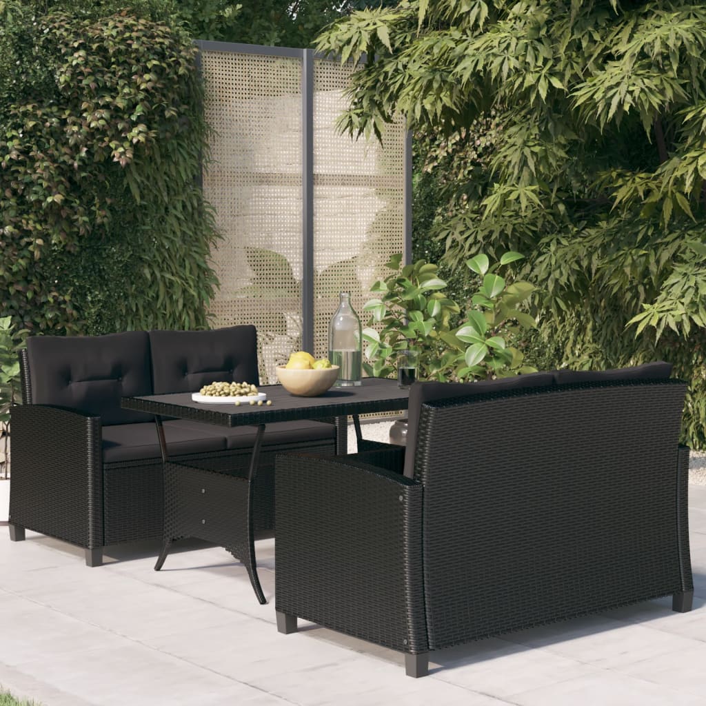 Set da Pranzo da Giardino 3 pz con Cuscini Nero in Polyrattan cod mxl 38592