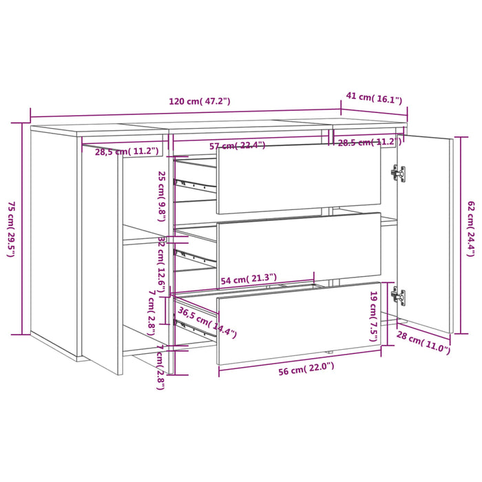 Credenza con 3 Cassetti Bianco Lucido 120x41x75cm in Truciolato cod mxl 10140